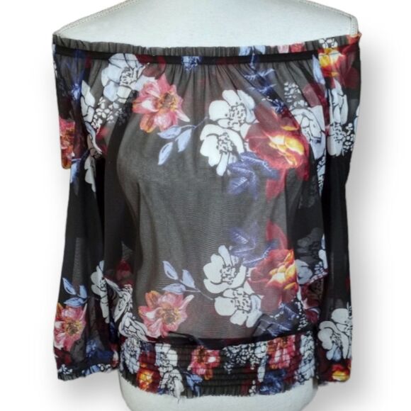 I.N.C BLACK SHEER FLORAL OFF-THE-SHOULDER BLOUSE SZ.S EUC - Picture 1 of 5